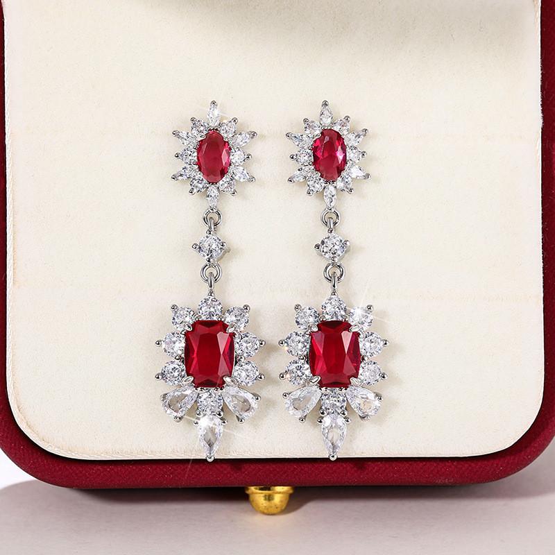 925 Sterling Silver Red CZ Hanging Flower Earrings for Women Engagement Wedding Party Elegant Earrings Fashion JewelryGood product