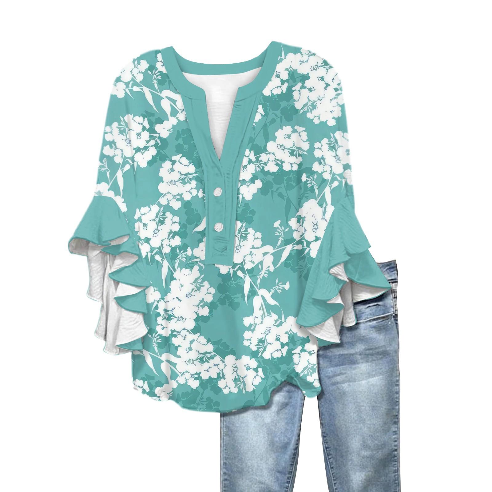 

Летние женские топы с V-образным вырезом и рукавом семь восьмых, весенне-летние топы с цветочным принтом, повседневная рубашка XL