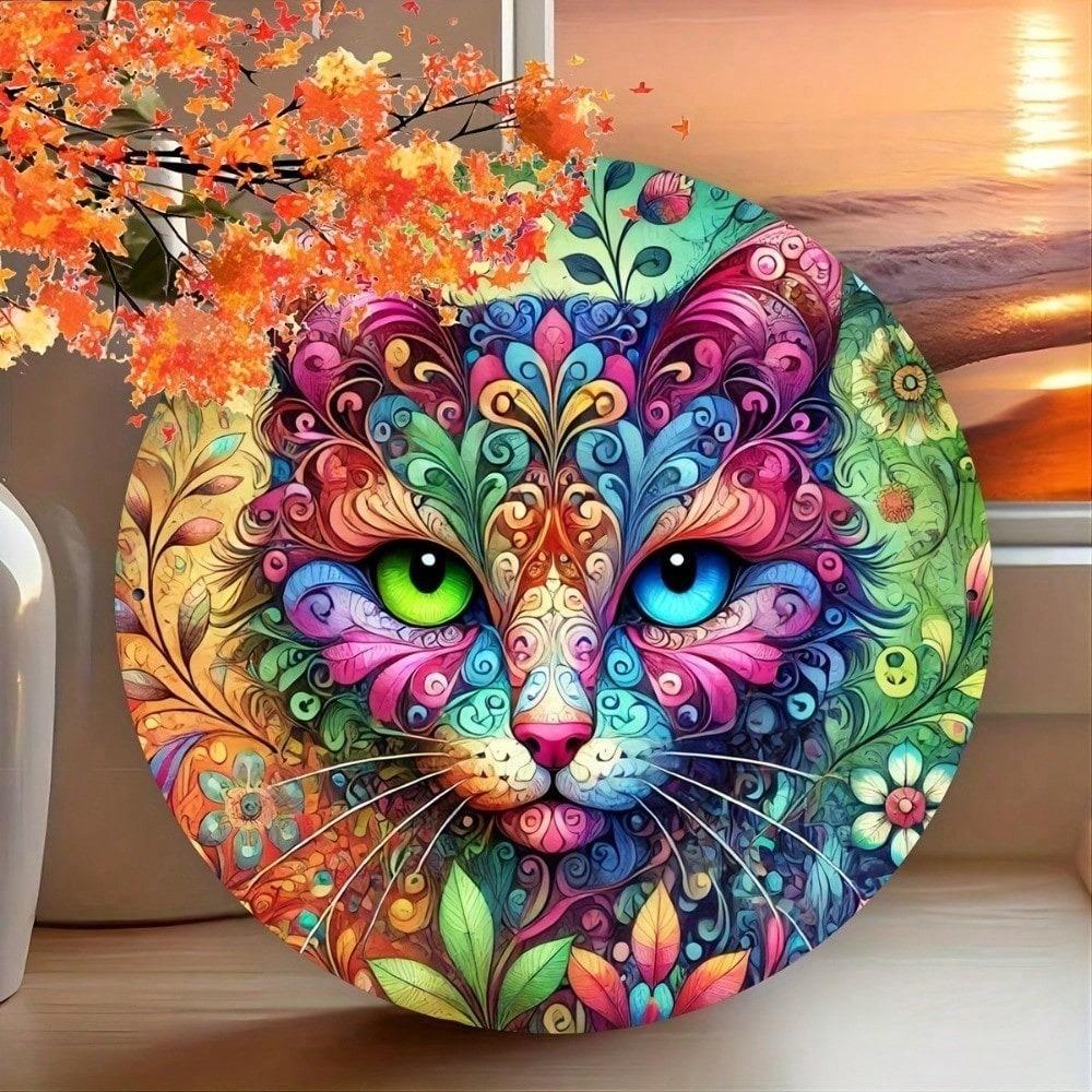 Mandala Cat Metal Tin Sign Wall Art 8x8 Inch, Round Vibrant Decor for Living Room Bedroom