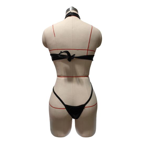 Women Sexy Bodysuit Low-cut Backless Sleeveless Lace Smooth Faux Leather Ring Hoop Decor