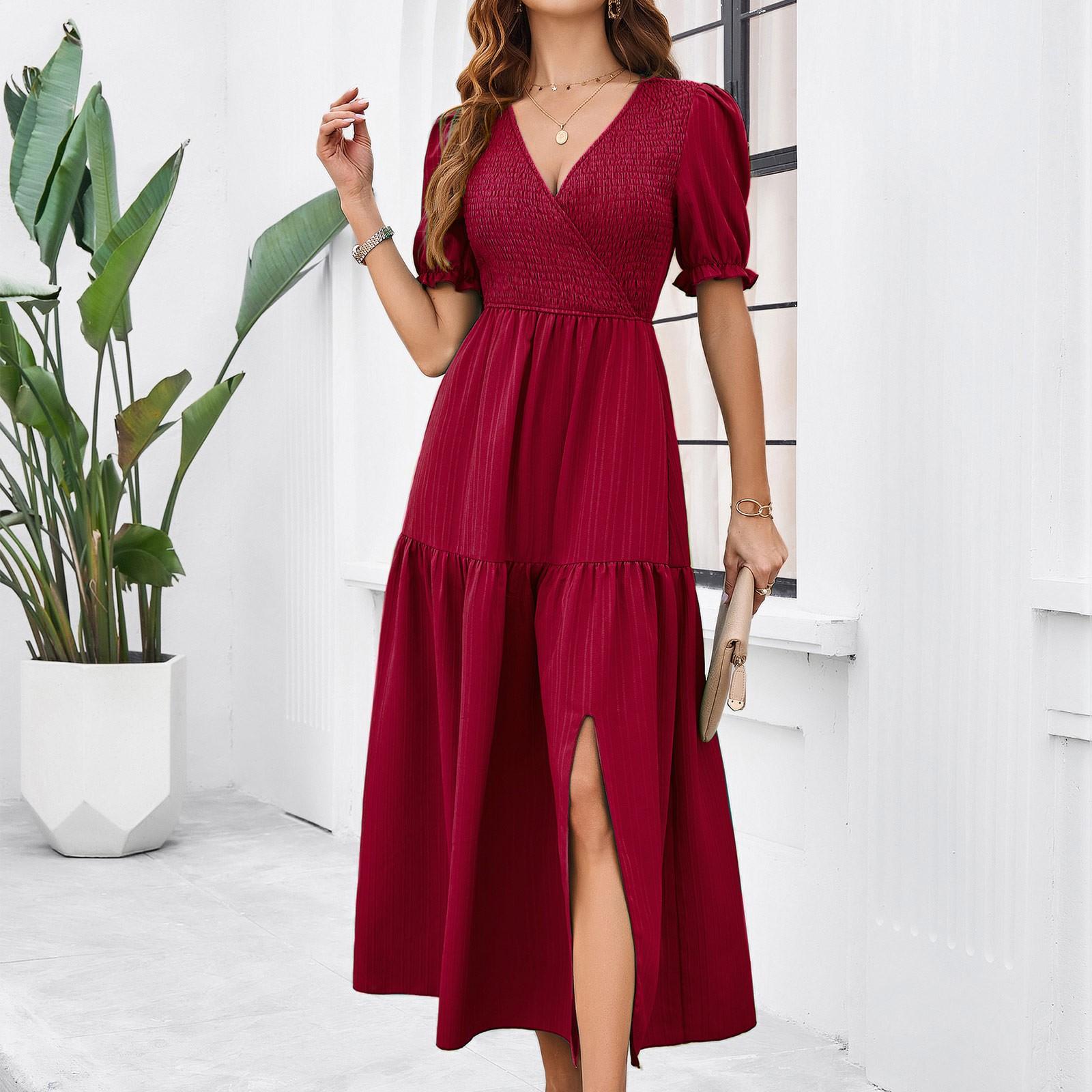 

Летние однотонные темпераментные длинные платья с v-образным вырезом и коротким рукавом XL винный