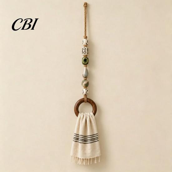 Anello Decorativo Appeso per Organizer, AppendiAsciugamani con Perline e Anello in Legno, Supporto da Parete Multi-Colore Boho, Raffinata Manina in Legno senza Foratura, Portautensili da Fattoria