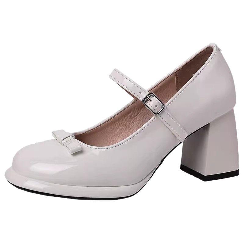 French fairy bow Mary Jane shoes new round head medium heel high heels women's design temperament socialite single shoes