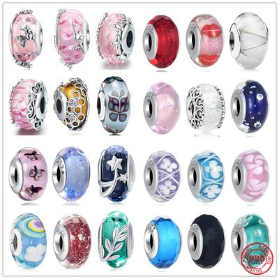 New S925 Sterling Silver Plated Pink Red Green Blue Murano Glass Bead Charm Fit Original  Bracelet DIY Jewelry For Girl