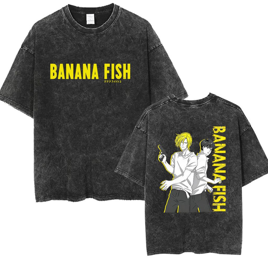 Vintage Washed Anime Banana Fish Ash E Eiji Graphic T Shirt Men's Summer Harajuku Fashion Cotton Short Sleeve T-shirt Streetwear