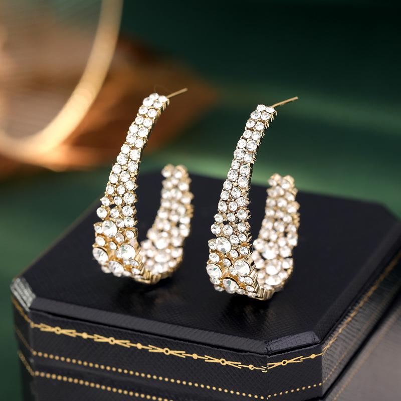 1PAIR French High-end Hollow Full Diamond Retro Earrings Design Sense Personality Temperament Geometric C-shaped Earrings