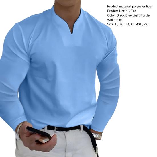 Men Tops Solid Color Slim Fit Long Sleeves Pullover Colorfast V Neck Casual Plus Size Autumn Shirt Men Clothes