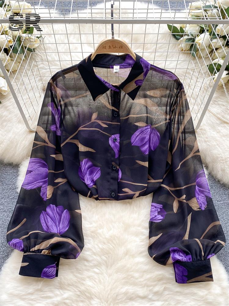 

Женская рубашка с французским цветочным принтом, летняя, с рукавами-фонариками, в стиле ретро, тонкая, французская, свободного кроя, элегантная, модная, повседневная шикарная блузка One Size фиолетовый