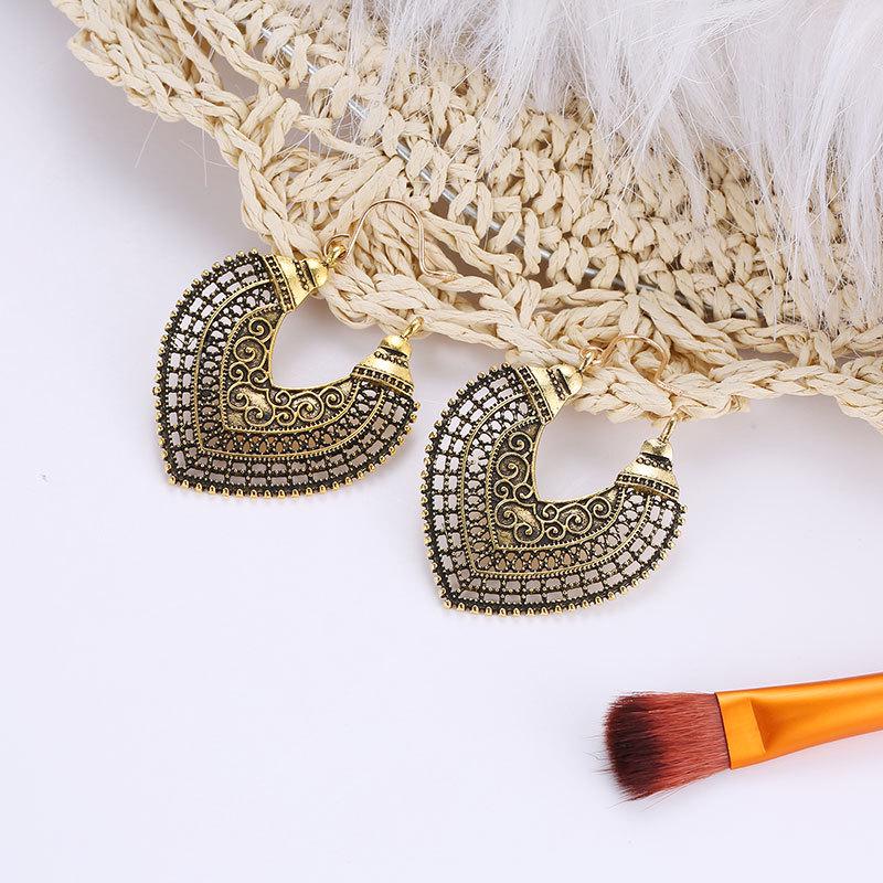 Bohemian Carved Hollow Heart & Geometric Semicircle Earrings