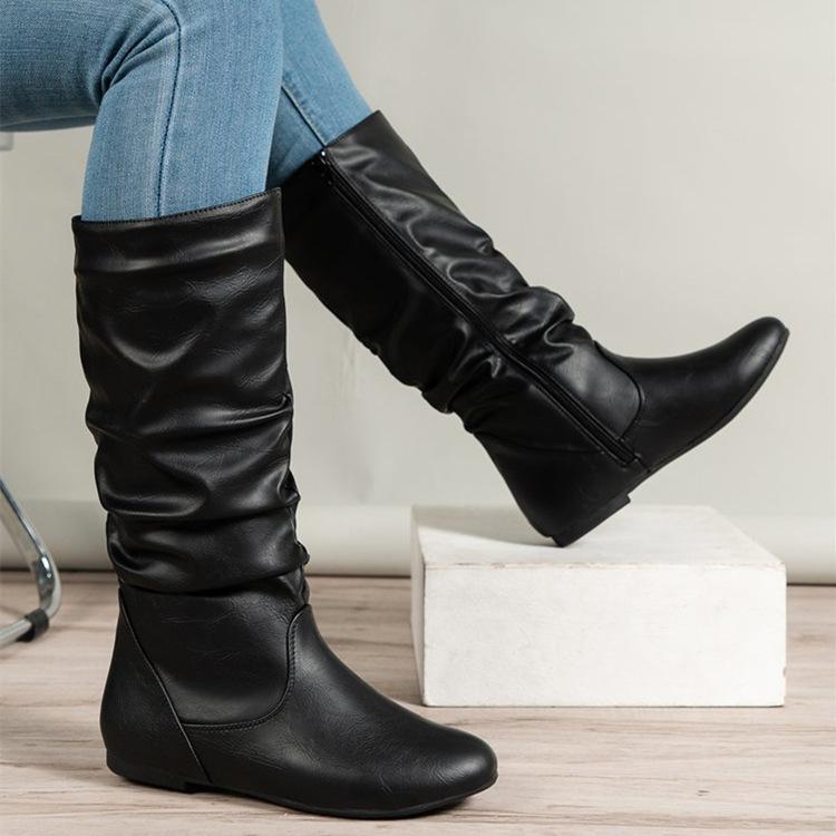 Mid Length Boots for Women In Autumn and Winter 2025 Suede Western Knight Boots with Round Toe and Flat Heel Stacking Boots