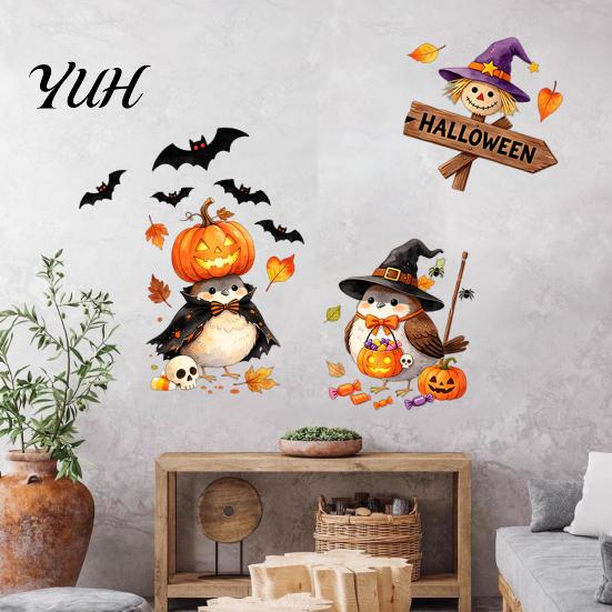 DIY Wall Mural for Kids Room Cartoon Halloween Sticker, Self Adhesive PVC Removable Decal, Wizard Decals Birds Scarecrows Jack-o-lanterns Pattern