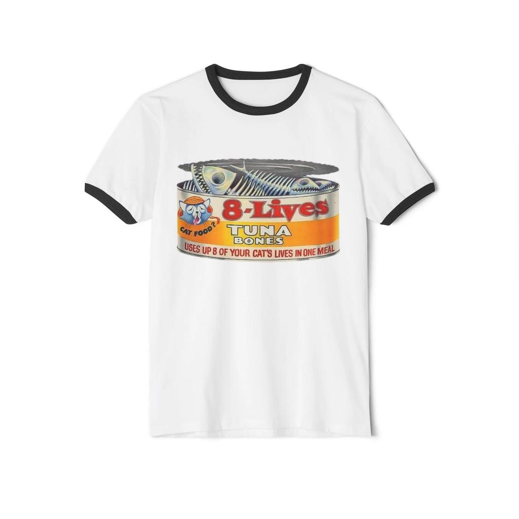 Wacky Packages 8 Lives Tuna Cat Food Can Printed Ringer T Shirt 9 Lives Parody