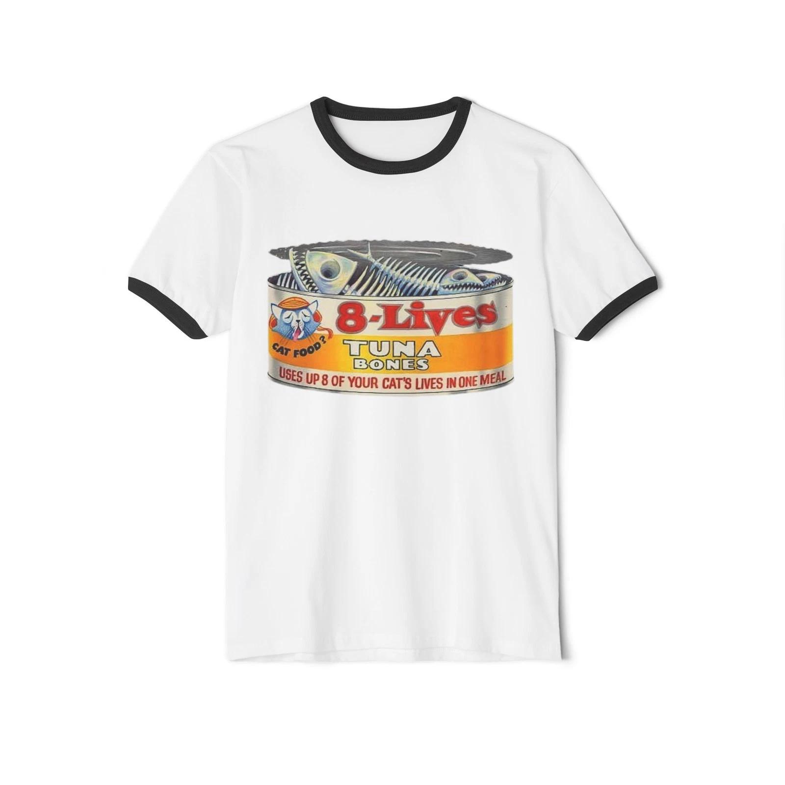 

Wacky Packages 8 Lives Tuna Cat Food Can Printed Ringer T shirt 9 Lives Parody S