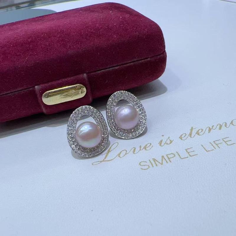Pearl Earrings with Diamonds & Sterling Silver S925 Needle