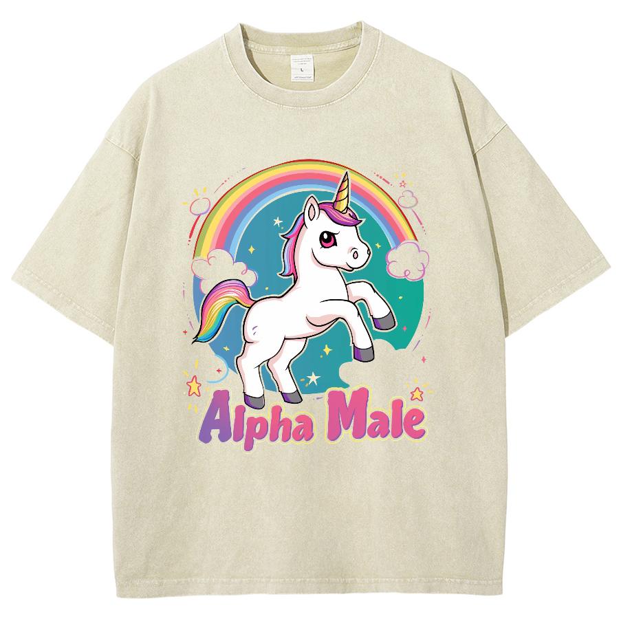 Rainbow Pony Print Women's T-Shirt Washed Denim Comfortable Oversized Short Sleeve Cute Casual Youth Beautiful Teen Top