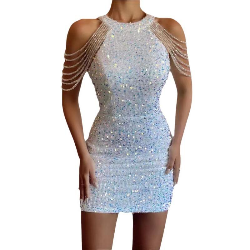 Spring and Summer Women's Dress Fashion Hanging Neck Sexy Crystal Tassel Hip Sequins Dress Midi Evening Gowns