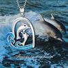 Mother and Baby Dolphin Heart Pendant Necklace with Blue Wave Inlay Ocean Inspired Sentimental Jewelry for Women