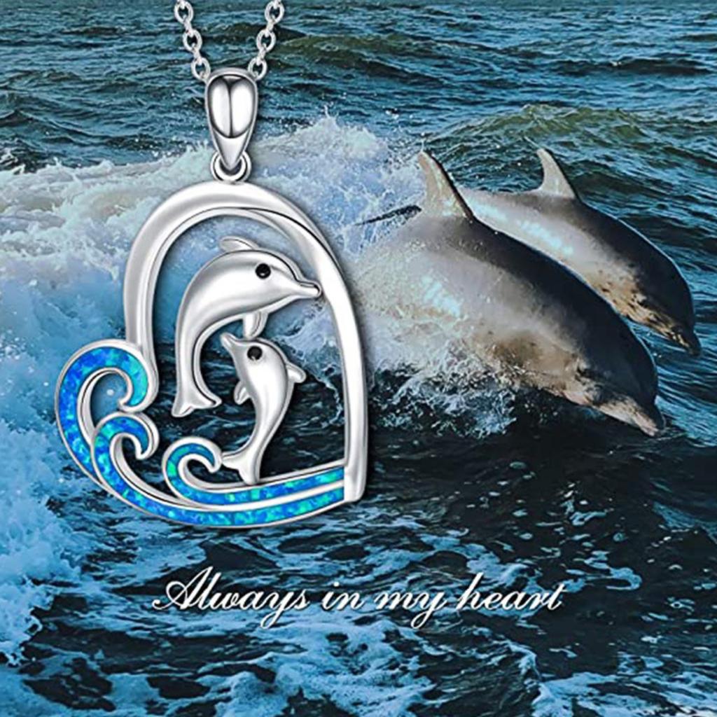 Mother and Baby Dolphin Heart Pendant Necklace with Blue Wave Inlay Ocean Inspired Sentimental Jewelry for Women
