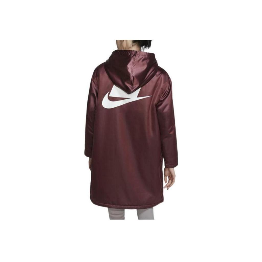 Nike Solid Color Hooded Logo Print Zipper Mid-Length Cotton Coat Women Coats Dark-Red BV3126-681