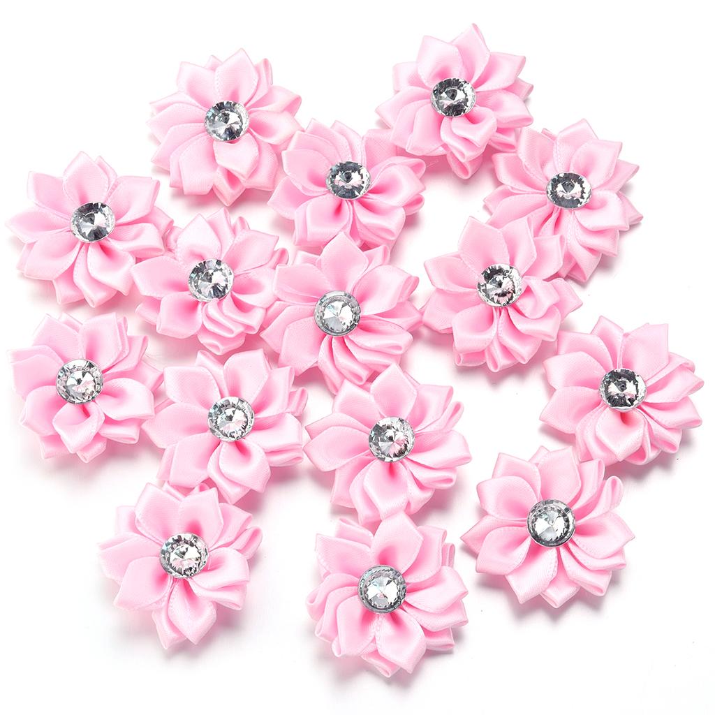 20pcs 4cm Mini Satin Ribbon Flowers Colorful Rhinestone Handmade Flowers For DIY Clothing Sewing Headwear Decoration Accessories
