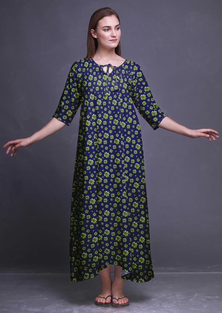Bimba Dark Rose Brown Floral Leaves & Camellia Kanjiro Printed Nightgowns Maxi Sleepwear For Women Long Sleep Dress