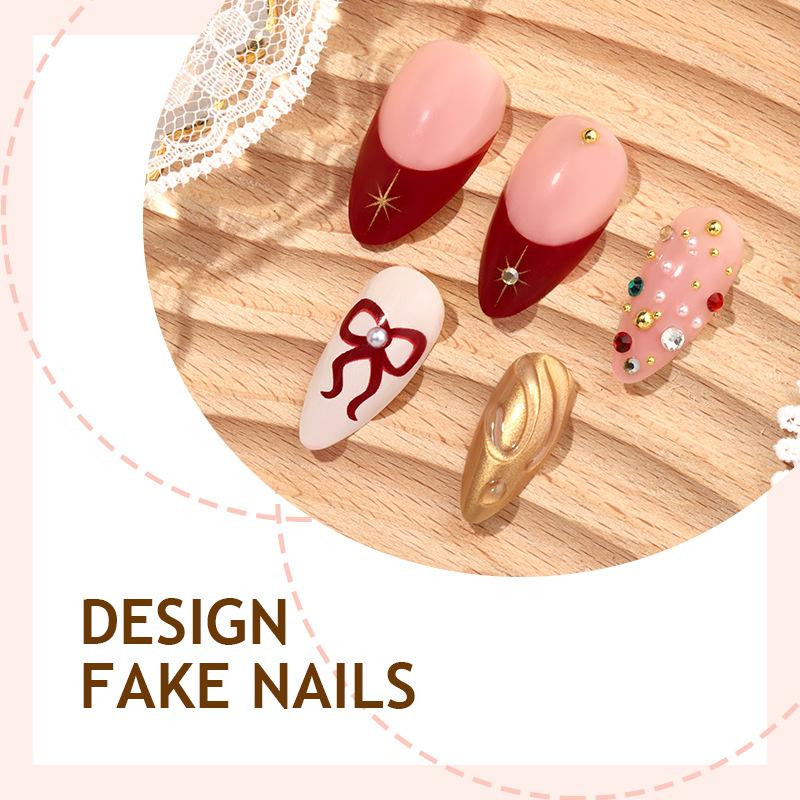 Press On Nails Medium Almond Fake Nails with Designs Reusable False Nails Press Ons Glossy Full Cover Acrylic Glue On Nails Stick On Nail for Women