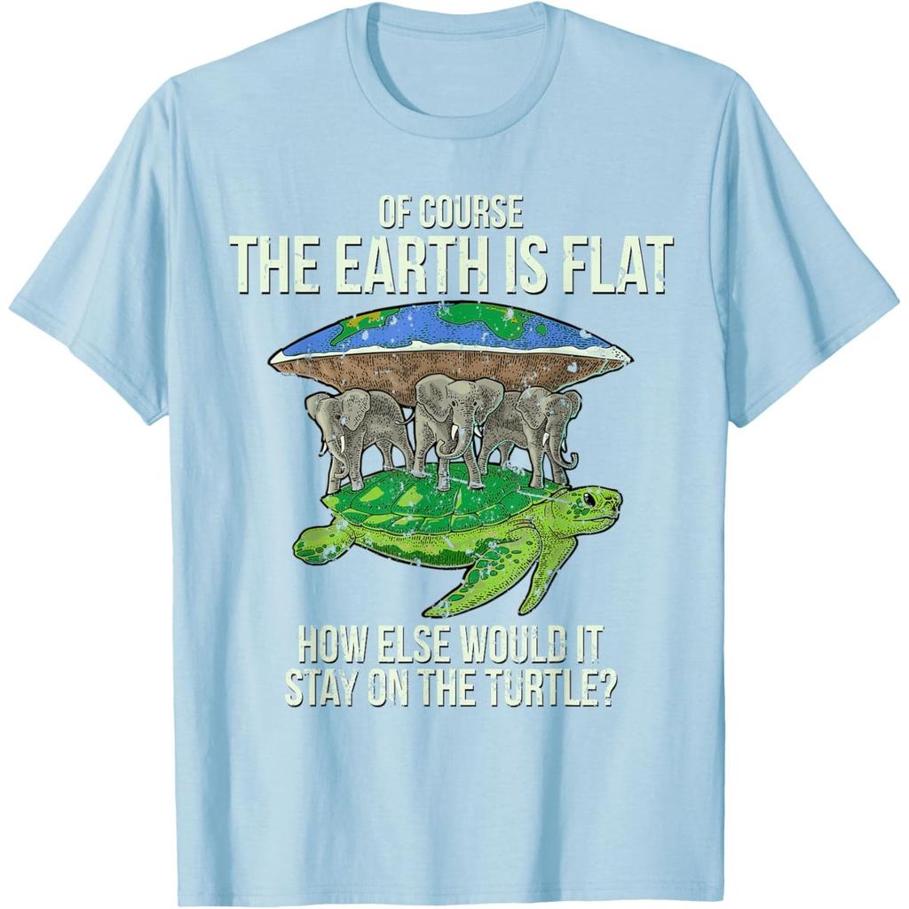 Flat Earth On Turtle And Elephants Graphic Tee Funny Conspiracy Theory T-Shirt Casual Cotton Short Sleeve