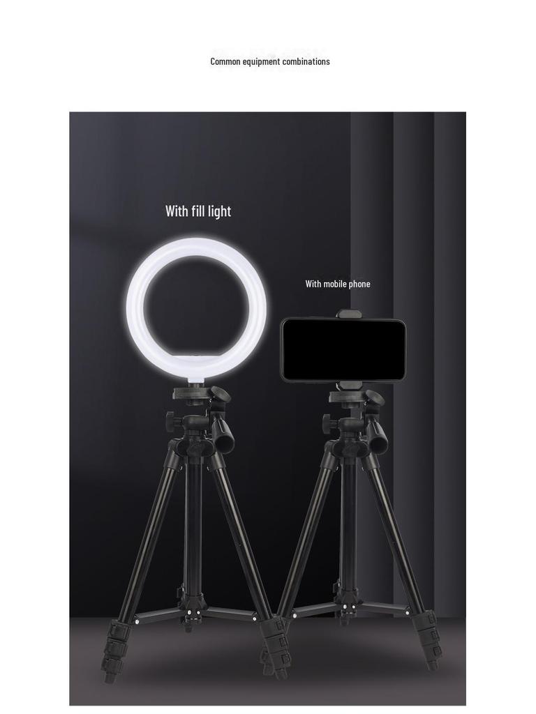 Black Mobile Phone Live Broadcast Tripod with 1.1m Height, Fishing Light Telescope, and Aluminum Alloy Build.