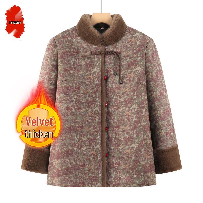 Women's Elderly Winter Tang Suit Fleece-Lined Cotton Padded Jacket