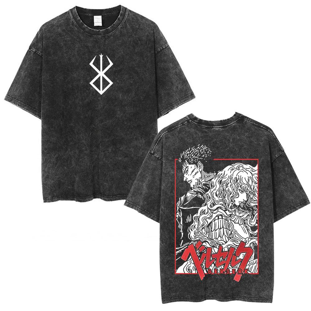 Japanese Anime Berserk Guts Vintage Washed T Shirt Griffith Swordsman Gatsu Sacrifice Zodd T-shirts Unisex Cotton Casual T-Shirt