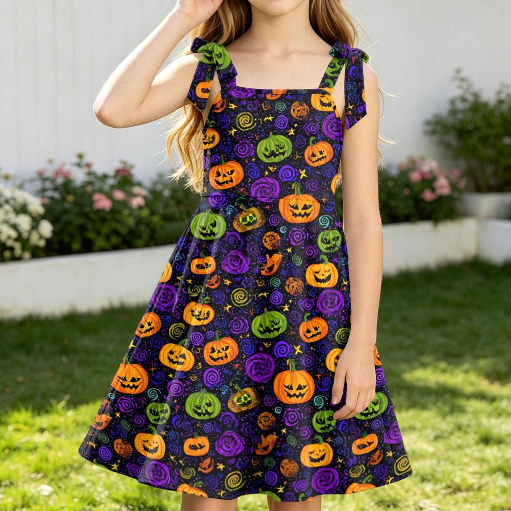 Girls Halloween Print Sleeveless Strap Dress for Party Celebrations