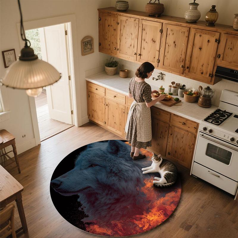 Flame Fox and Wolf,Round Area Rug,Carpet Rug for Living Room Bedroom Sofa Playroom Decor,Non-slip Floor Mat