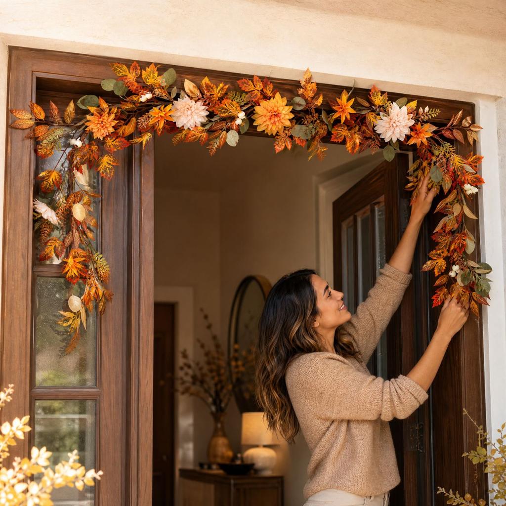 Fall Thanksgiving Wall Hanging Decor with Maple Leaf Pumpkin Garland for Mantel Shelf