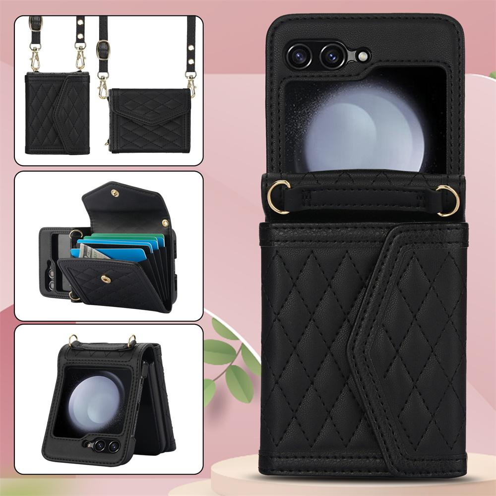 Blocking Card Holder Leather Cover for Samsung Galaxy Z Flip 6 5 4 3 Flip6 Flip5 Flip4 Flip3 5G Crossbody Wallet Phone Case