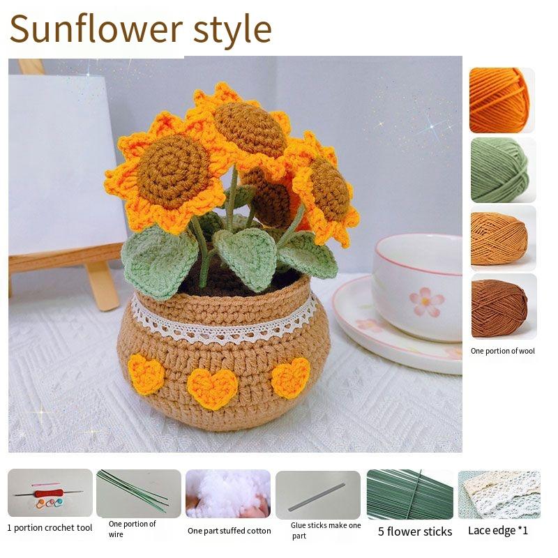 Fleur crochetée Produit fini Tissé Tulipe Marguerite Bouquet de fleurs en pot Fil Crochet Matériau Sac Décoration Fleur