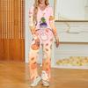 Women's Halloween Print V-Neck Long Sleeve Pajama Set with Pockets Loose Fit Sleepwear Set