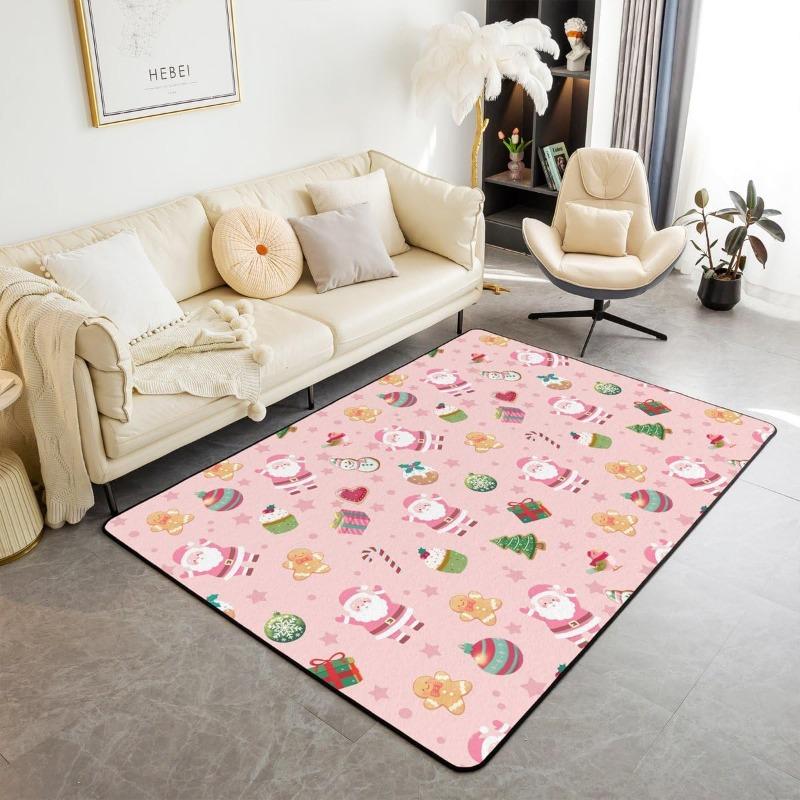 Christmas Carpet Cute Cartoon Santa Claus Print Rug Holiday Decor Non Slip Mat for Living Room Bedroom Study Dining Room