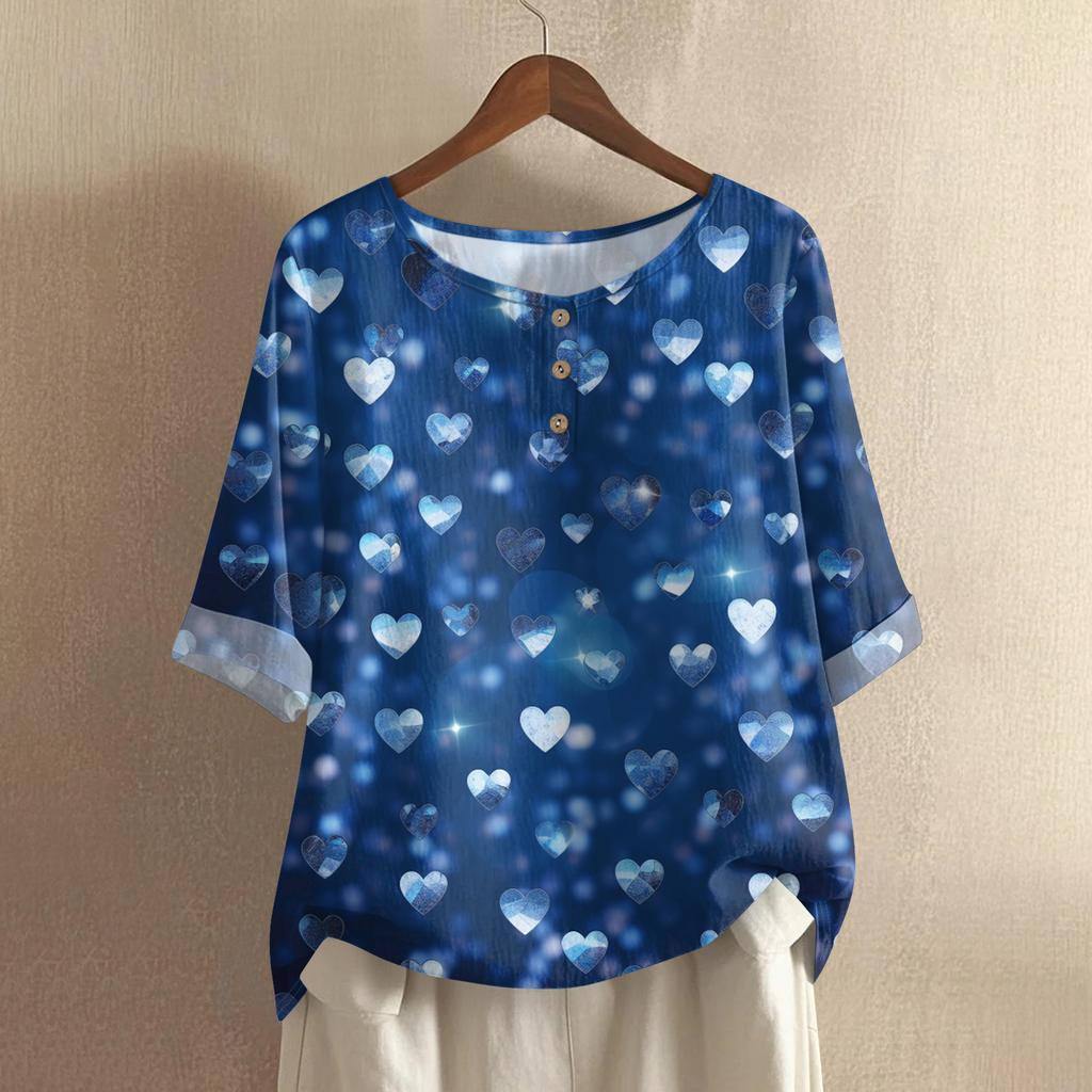 Damska koszulka z nadrukiem na Walentynki, casualowa, z krótkim rękawem, okrągłym dekoltem, z bawełny i lnu