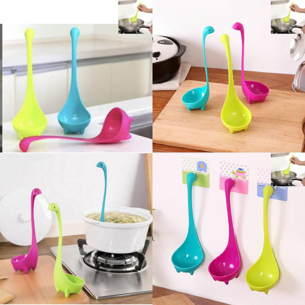 Stylish Plastic Long Handle Hanging Soup Spoon Set In Purple Green Blue Colors