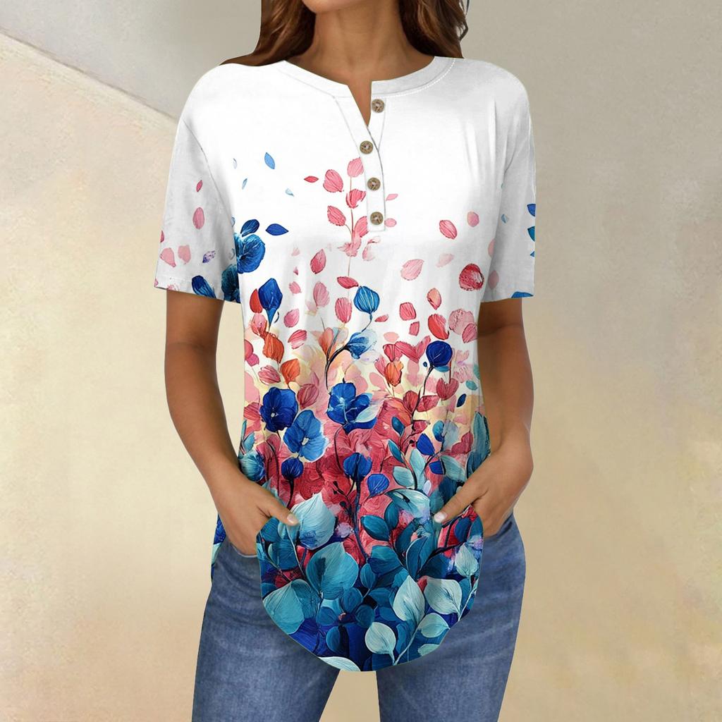 Short Sleeve Womens Tops Summer T-Shirts Floral Print V Neck Casual Basic Tee Button Shirts Tunic Tops