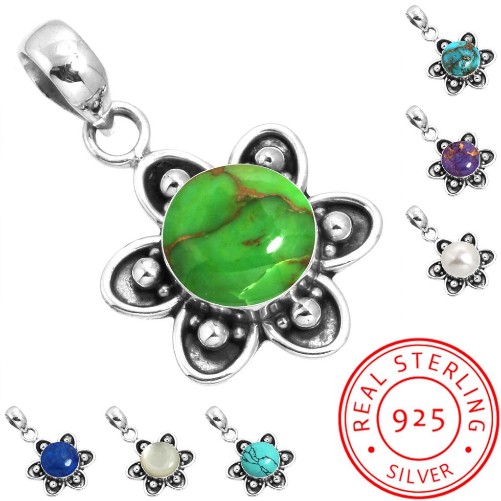 925 Sterling Silver Pendant Women Gemstone Handmade Jewelry Wedding Gift Blue Green Purple Copper Turquoise Pearl Lapis Mother Of Pearl Fashion
