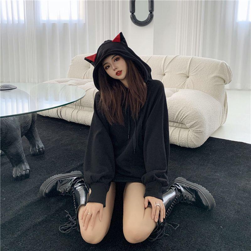 Women's Black Mid-Length Plus Velvet Hooded Sweatshirt: Loose Lazy Style, Thickened for 2025 Autumn/Winter.
