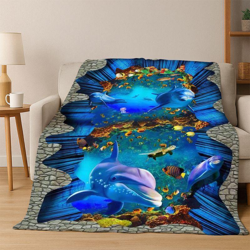 3D Illusion Underwater World Marine Life Shark Dolphin Cartoon Flannel Blanket Throw Blanket for Bedroom Living Room Bed Travel
