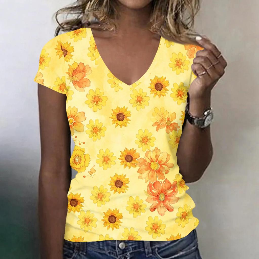Women V Neck Short Sleeve Floral Print T Shirt Casual Lightweight Top Summer Blouse Soft Fabric Comfortable Fit