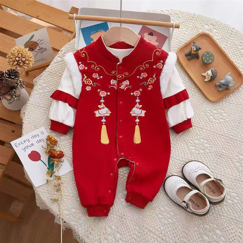 Mono Rojo para Bebé de Mes Completo con Forro de Forro Polar Ropa Otoño e Invierno Estilo Chino Romper para Bebé de Un Año Cien Días