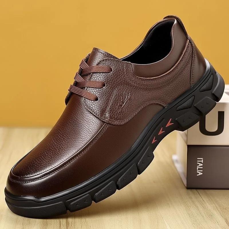 2025 New Men's Luxury Style Genuine Leather Casual Shoes Lightweight Soft Sole Lace Up Dad Loafers for Middle Aged To Senior