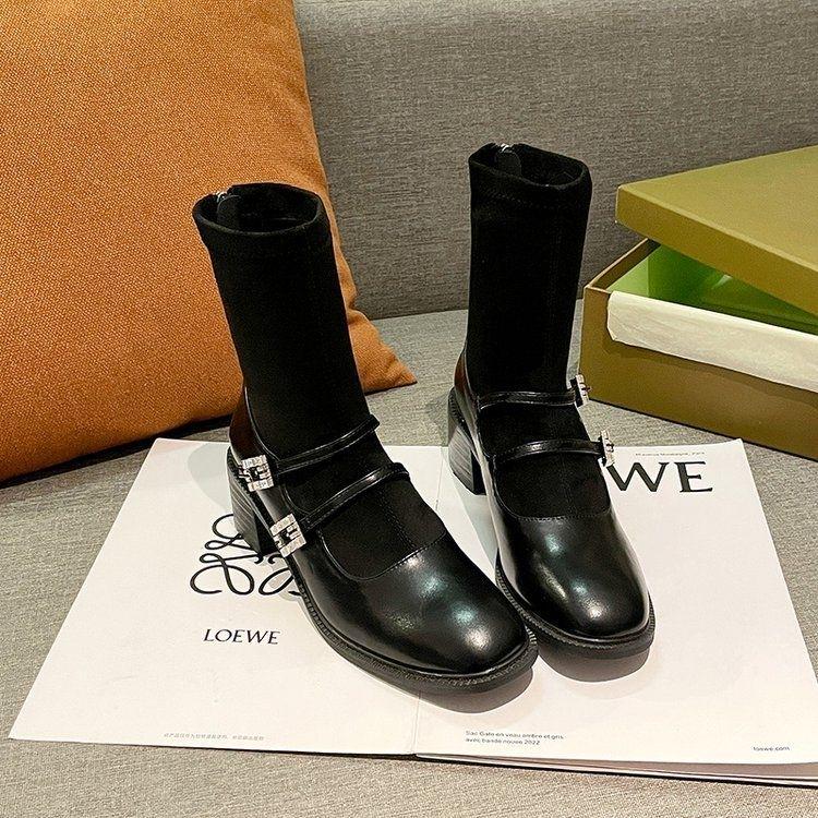 2025 Rhinestone Retro Chunky Heel Elastic Sock Boots, 5cm High, Black Mary Janes for Men