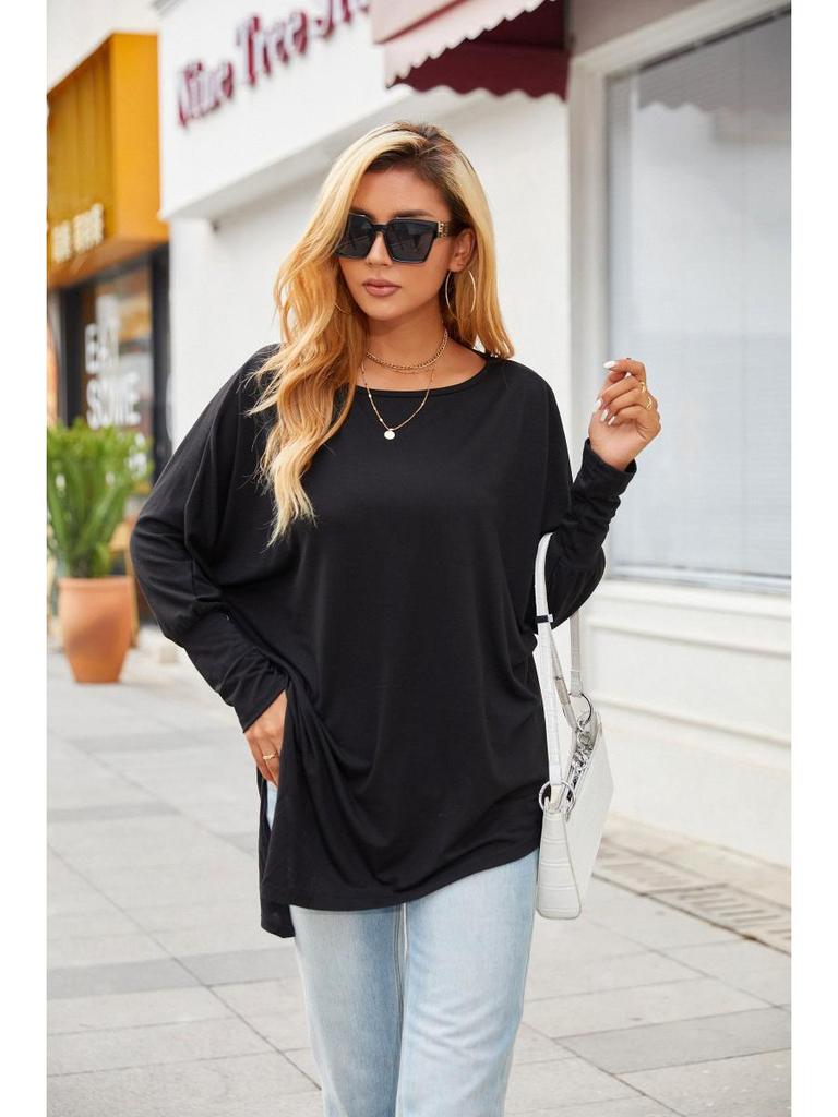 T-shirt jesienno-zimowy z długim rękawem, nieregularny, w dużych rozmiarach - Casualowy, luźny krój