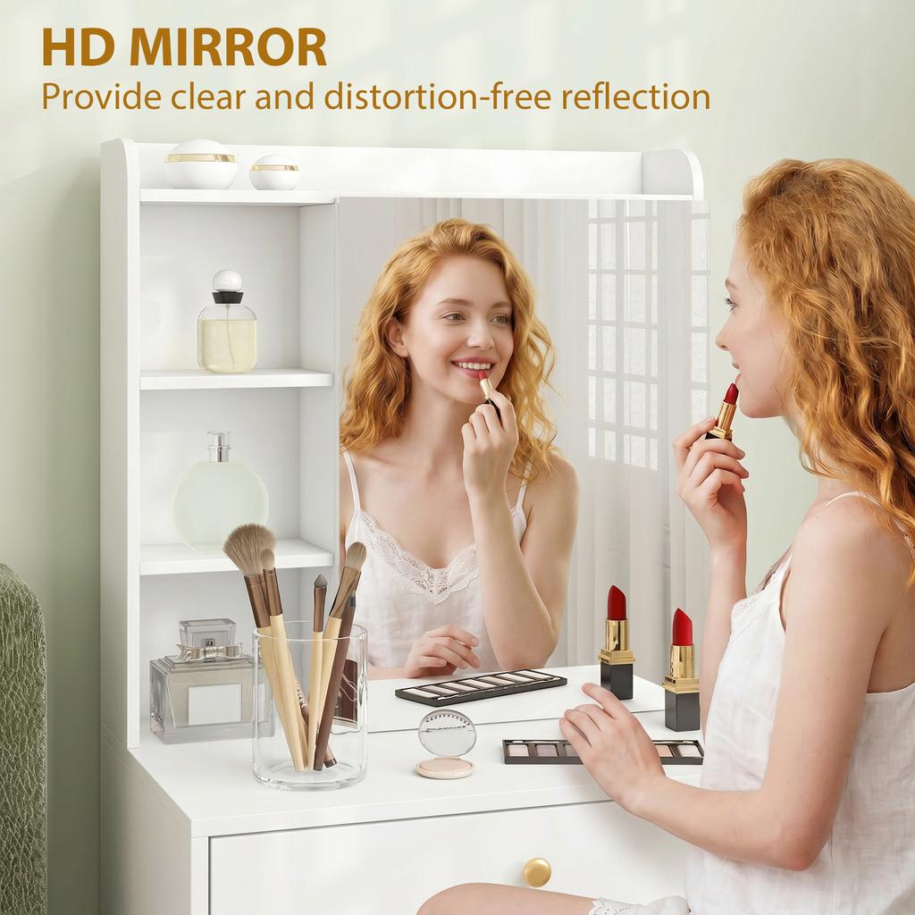 Dressing Table with Mirror and Mobile Storage Stool, Compact Vanity Table with Cabinet, Drawers, Open Shelves, White