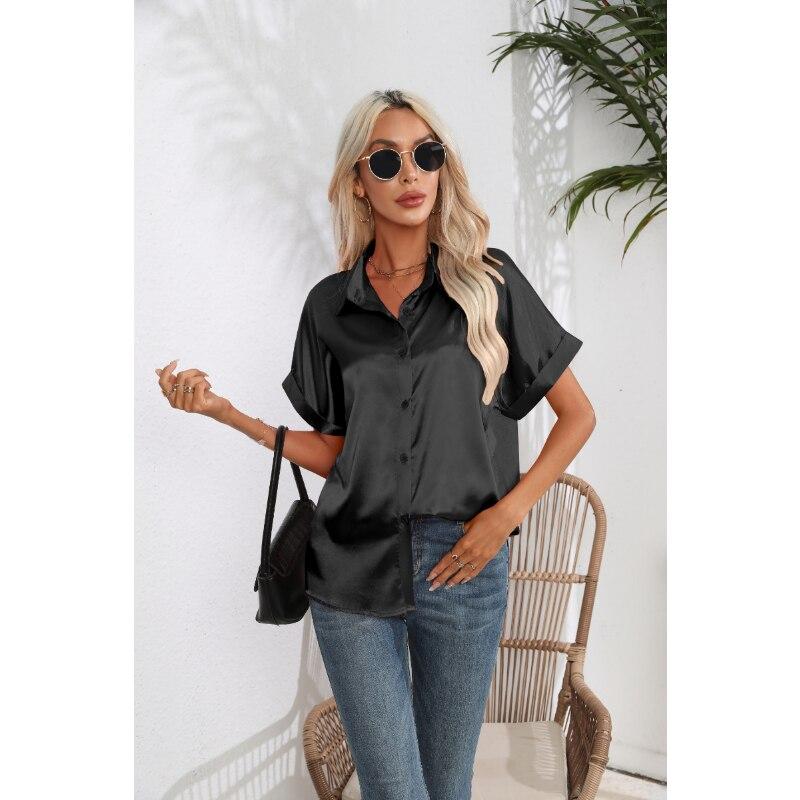 Summer Silk Shirts Women Button Up Satin Blouse Loose Office Short Sleeve Ladies Tops Casual Shirt Elegant
